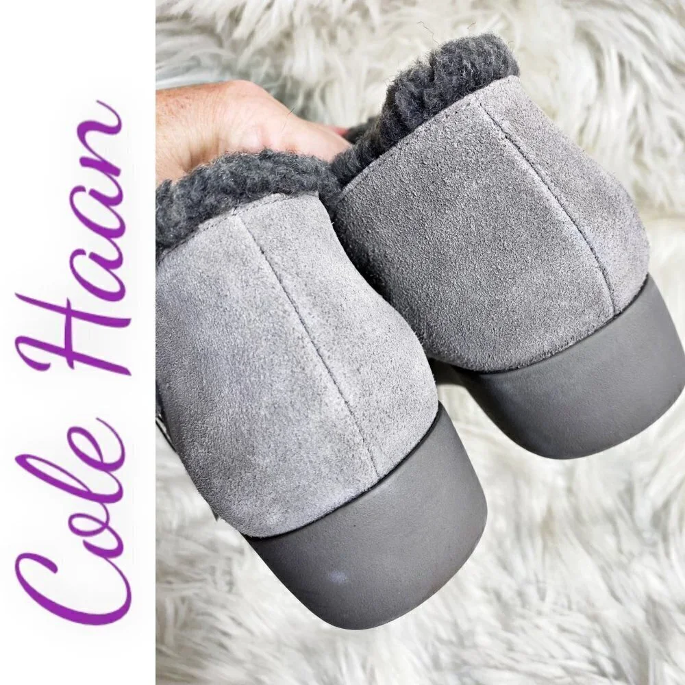 NWOB COLE HAAN Grand OS Callie Waterproof Suede Shearling Wedge Bootie‎ Gray, 10